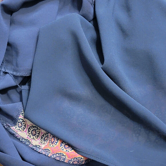 Anthropologie Maeve Peasant Patchwork Print Boho Dress Mini Navy Blue Red Tan XS - Picture 12 of 16